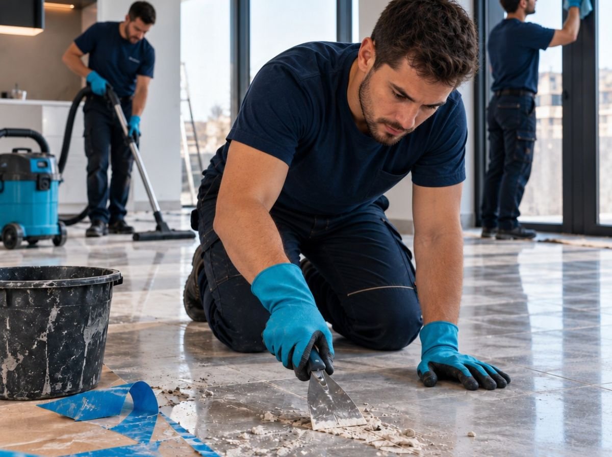 Técnico de limpeza especializada executando manutenção de fachada e vidros em altura